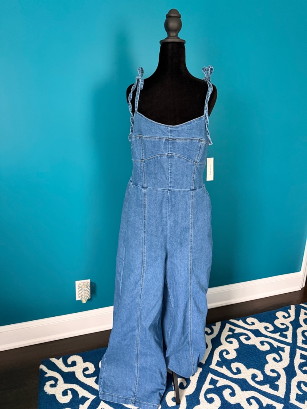 Francesca's Collections Blue Denim Wide-Leg Jumpsuit with Tie Straps